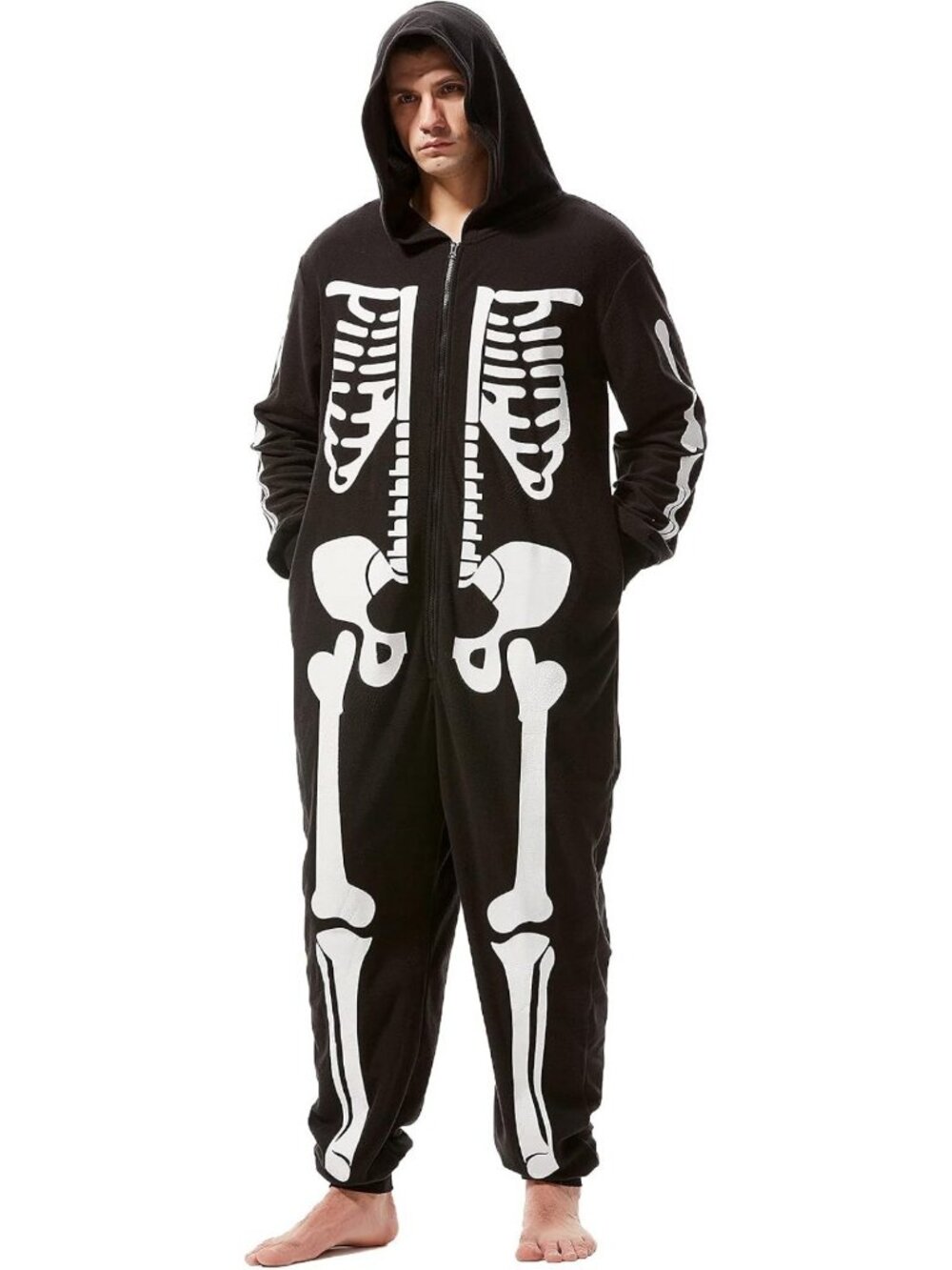 Cozy Unisex Skeleton Pajama Jumpsuit - Halloween Costume, Plush Onesie for